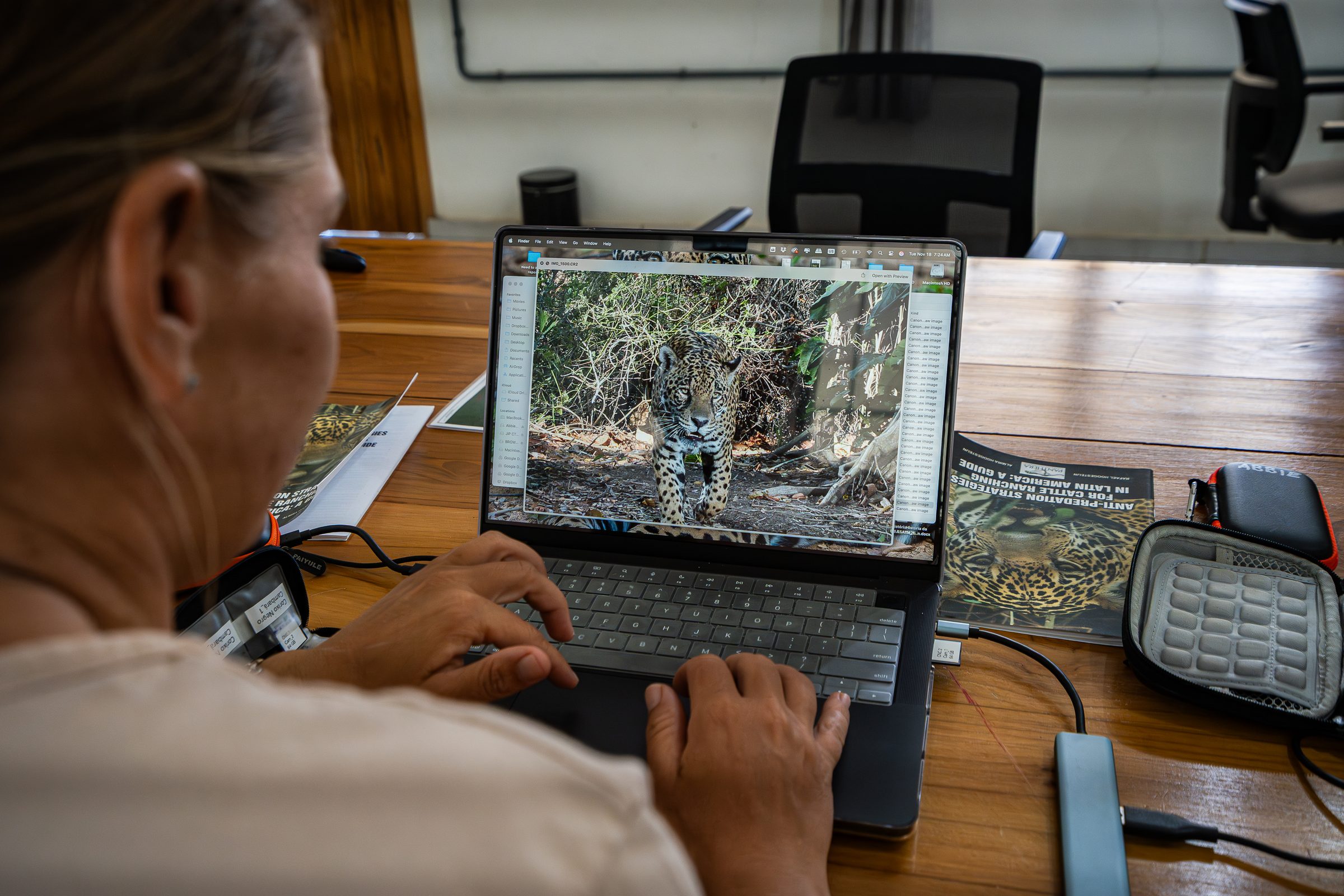 Reviewing jaguar camera-trap footage in the field, Brazil — Edges of Earth expedition