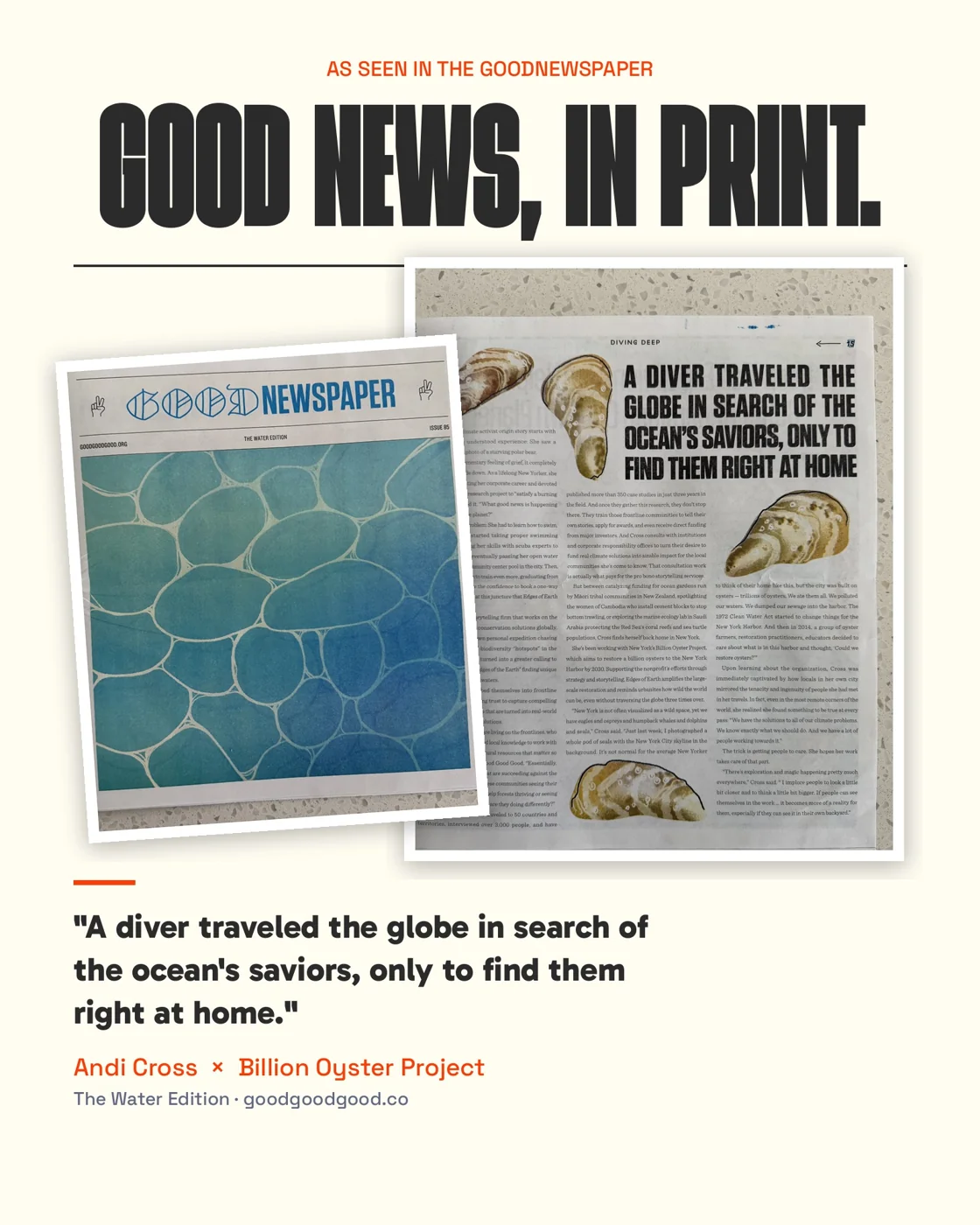 Goodnewspaper, Issue 85, The Water Edition, featuring Andi Cross and the Billion Oyster Project